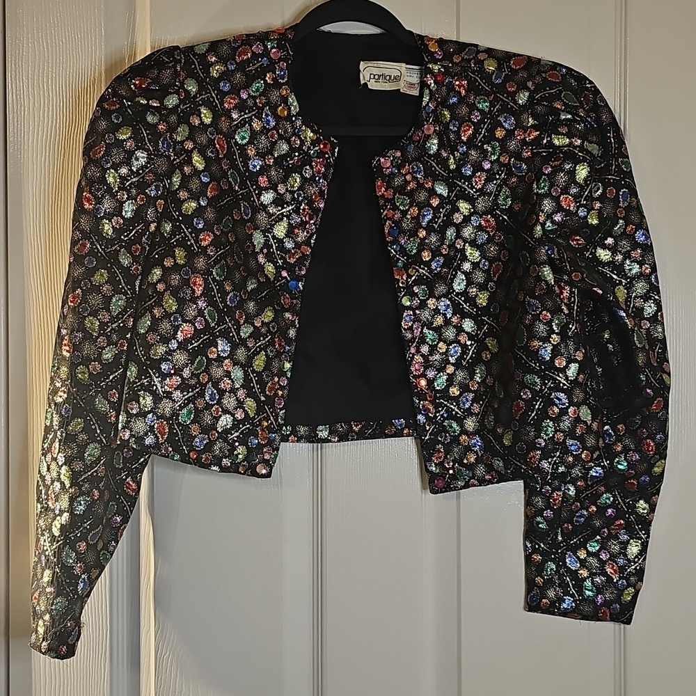 Vintage 80's Glam Women's Partique NY Jeweled Brocade Cropped Blazer Small